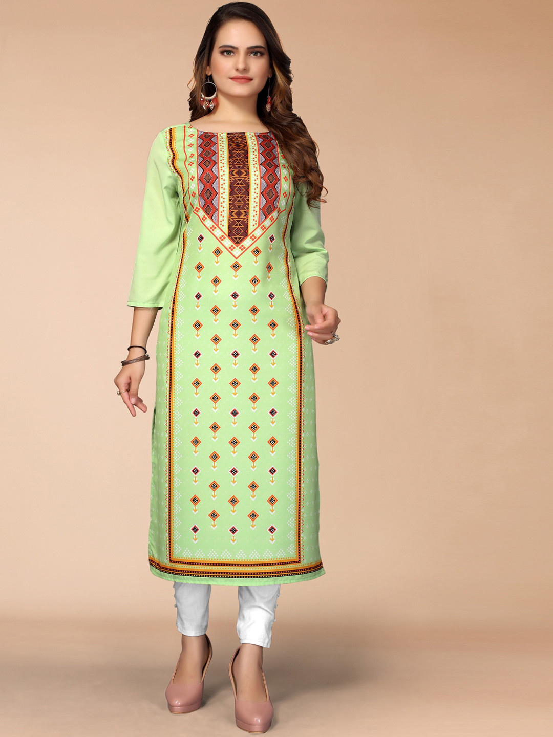 

KALINI Women Green & Red Geometric Printed Indie Prints Crepe Kurta