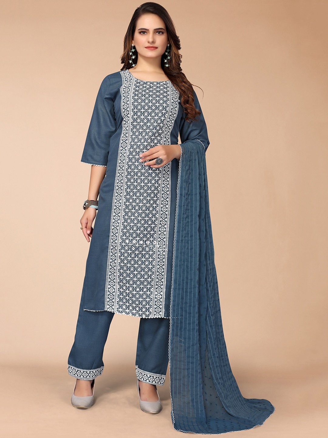 

KALINI Women Teal Printed Kurti with Palazzos & With Dupatta