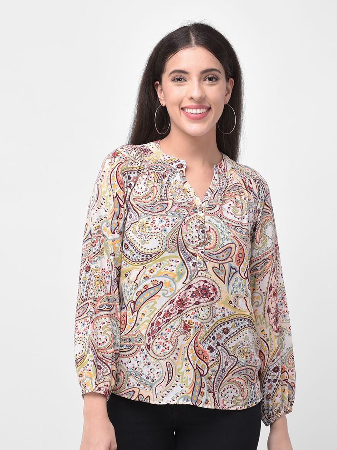 

250 DESIGNS White & Green Printed Mandarin Collar Georgette Top