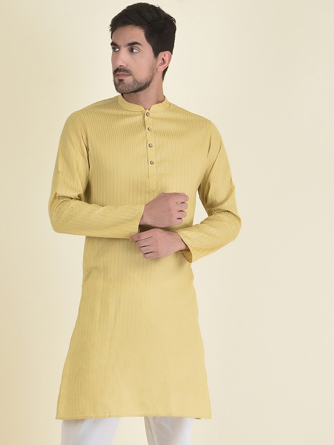 

DEYANN Men Cream-Coloured Striped Jacquard Kurta