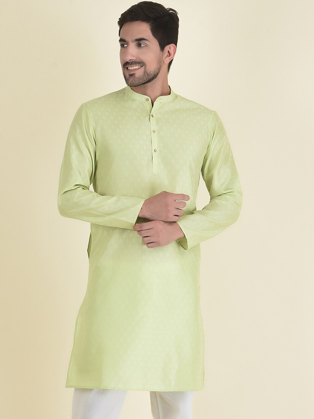 

DEYANN Men Green Solid Jacquard Kurta