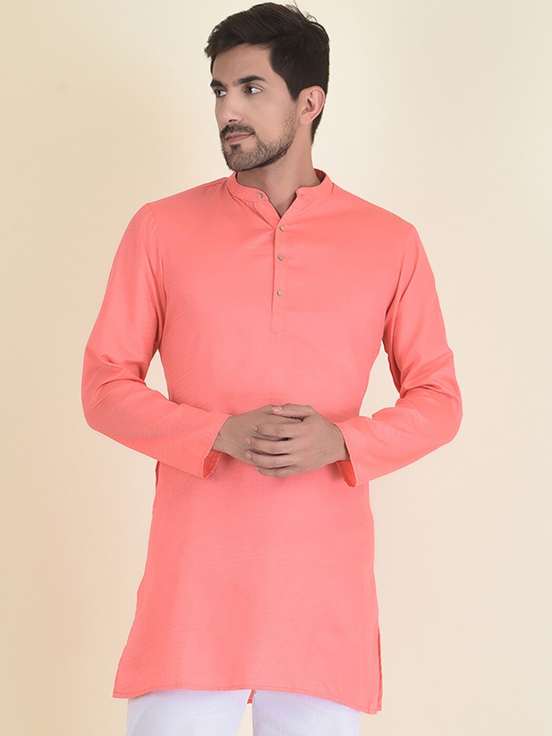 

DEYANN Men Pink Thread Work Jacquard Kurta