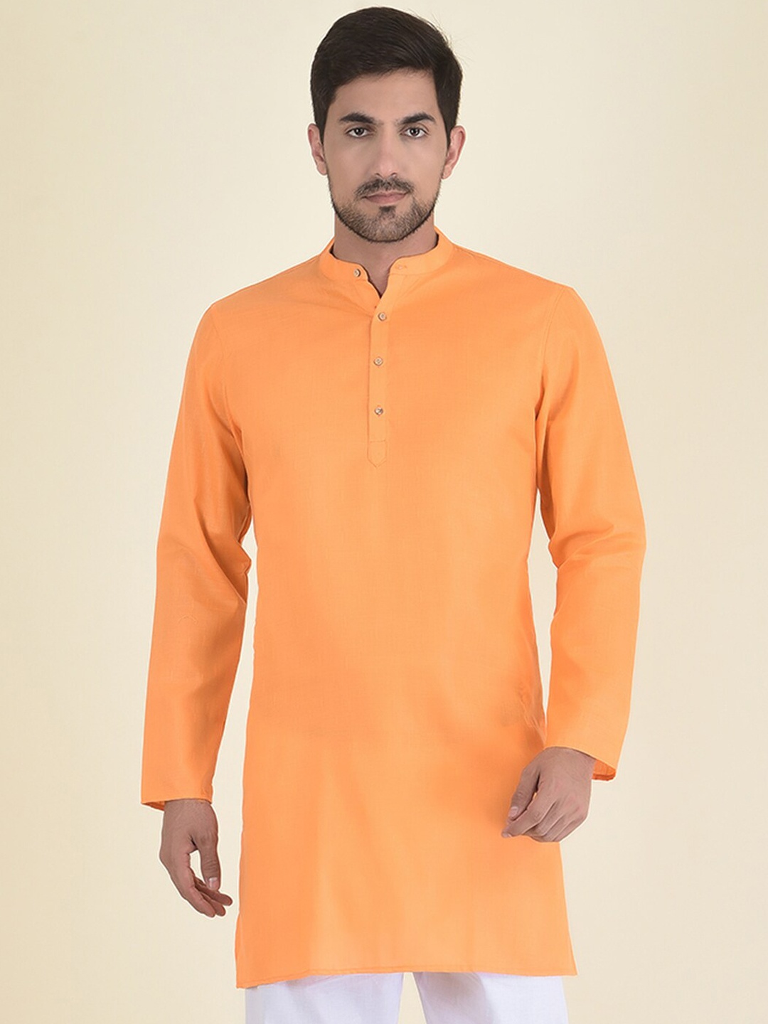 DEYANN Men Orange Thread Work Jacquard Kurta