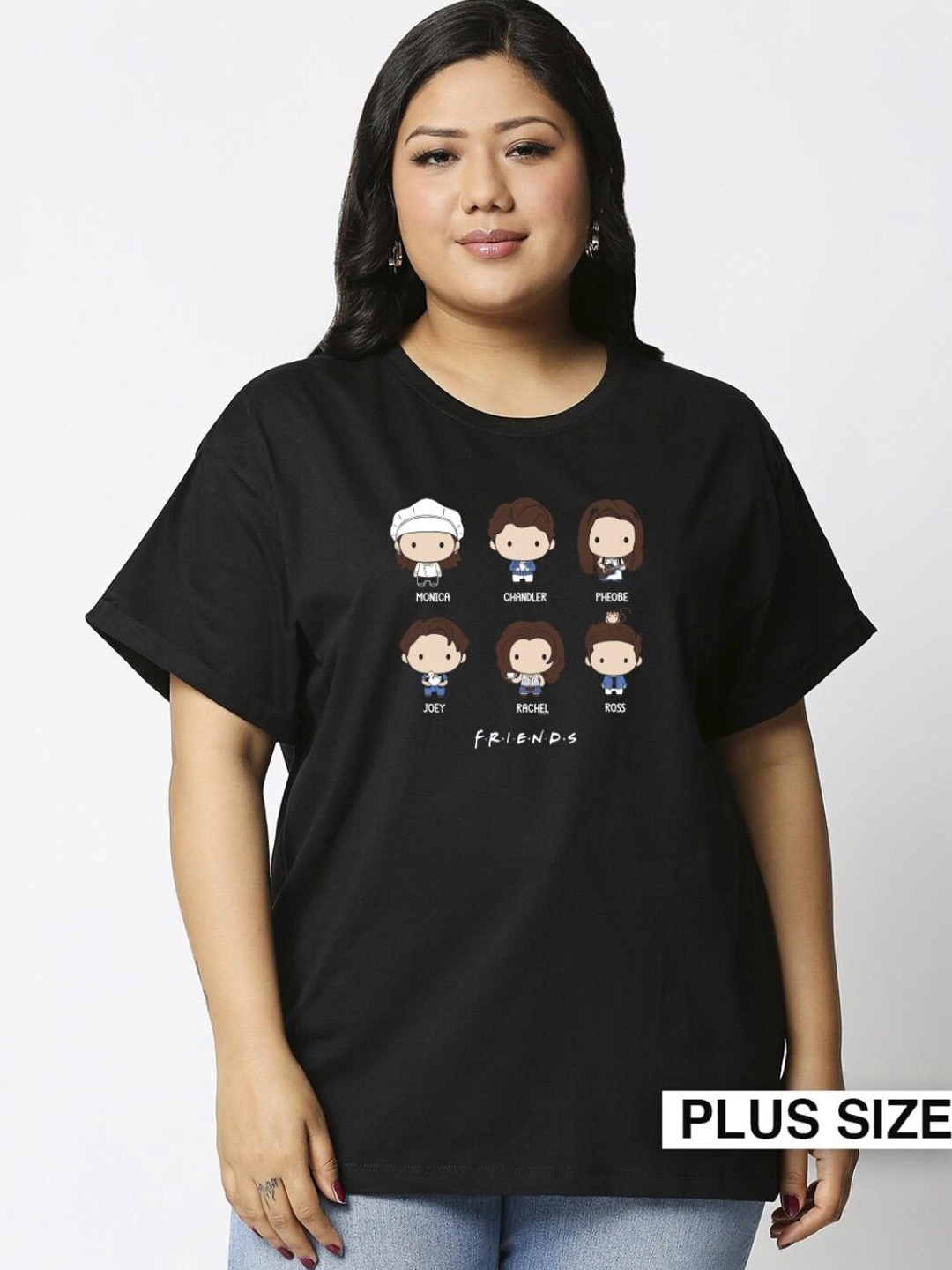 

Bewakoof Plus Women Black Printed Graphic Printed T-shirrt
