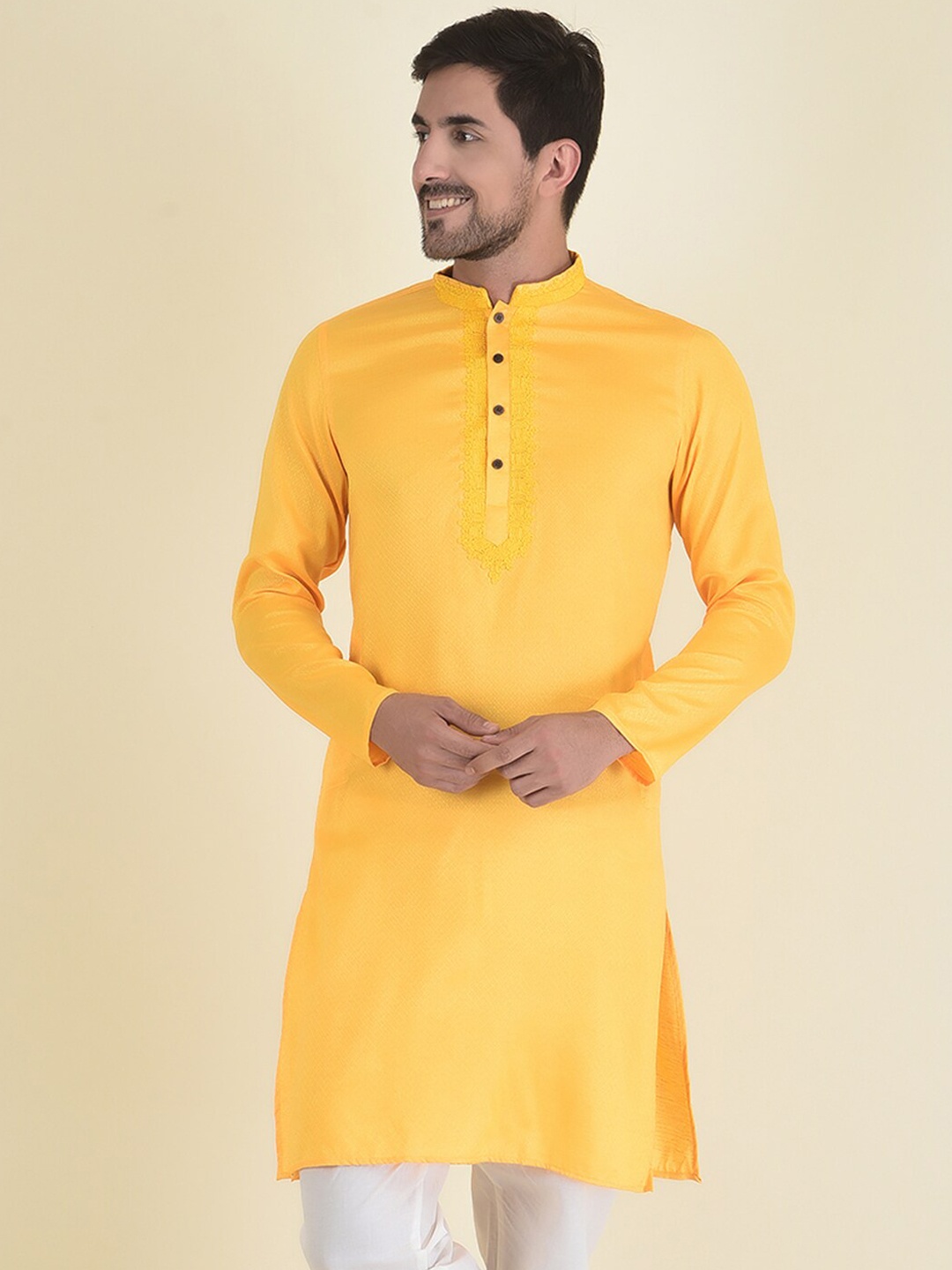 

DEYANN Men Yellow Thread Work Jacquard Kurta