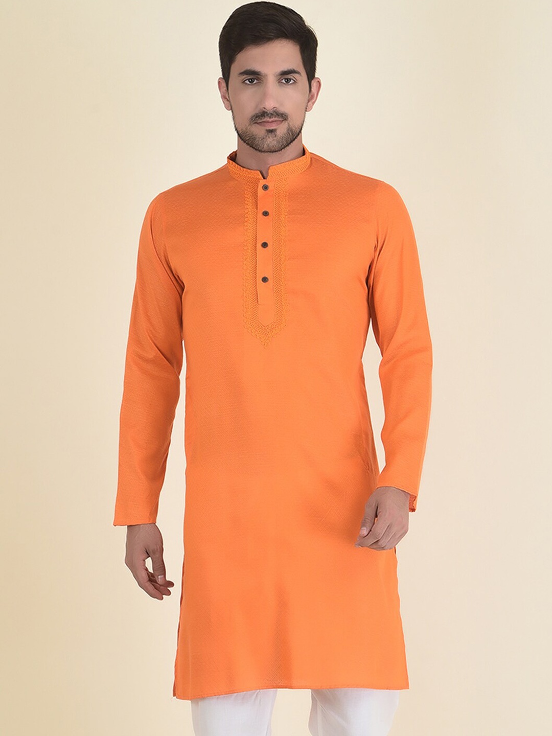 

DEYANN Men Orange Thread Work Jacquard Kurta
