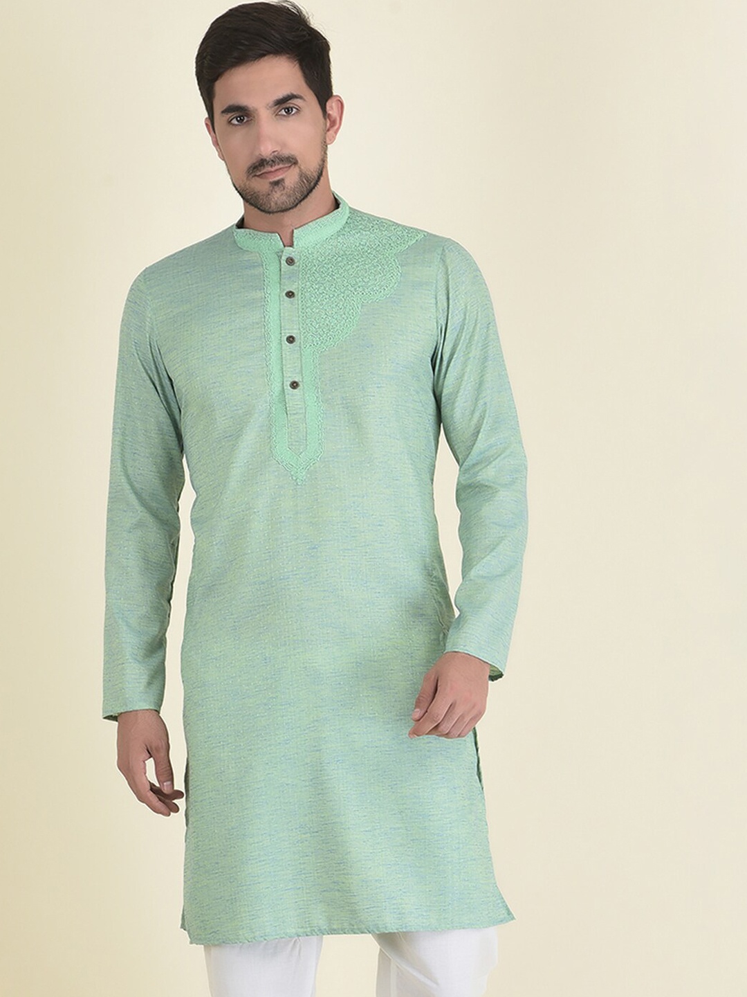 

DEYANN Men Green Thread Work Kurta