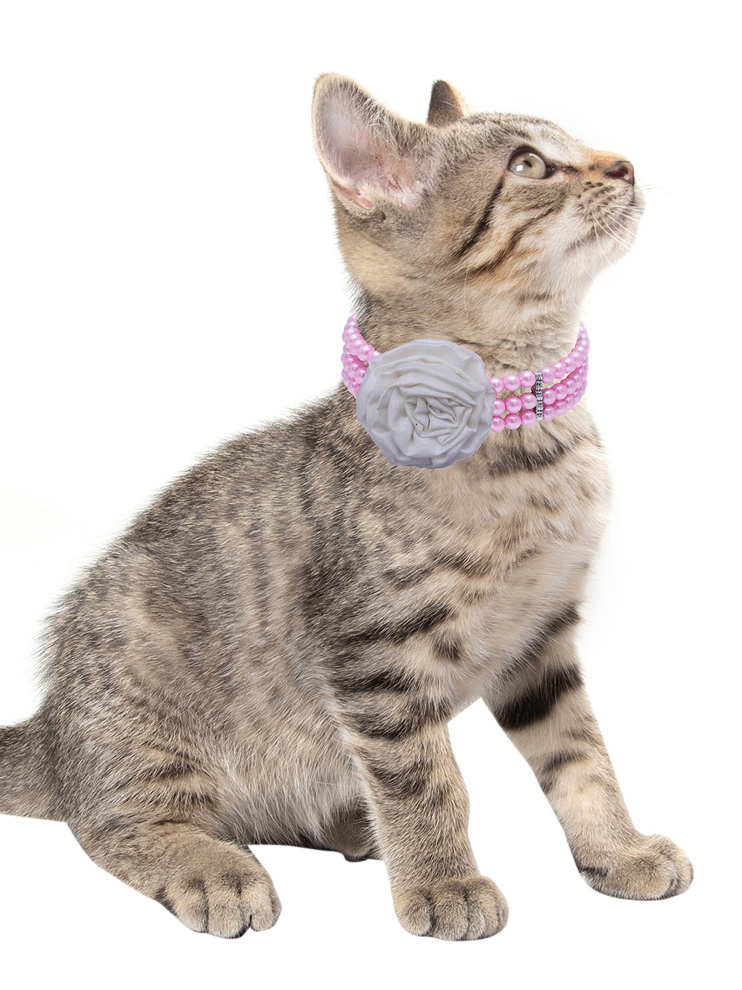 

D'chica Paws Pink & Grey Faux Pearl Collar For Cats & Kittens With Detachable Buckle Pink