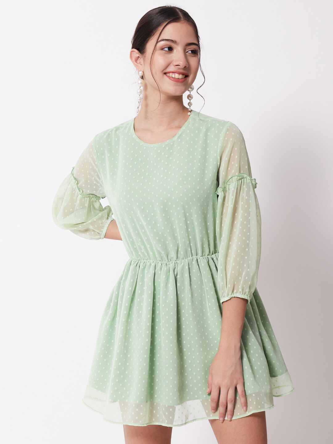 

CHARMGAL Green Polka Print bloom Bishop Sleeves Polyester Dress