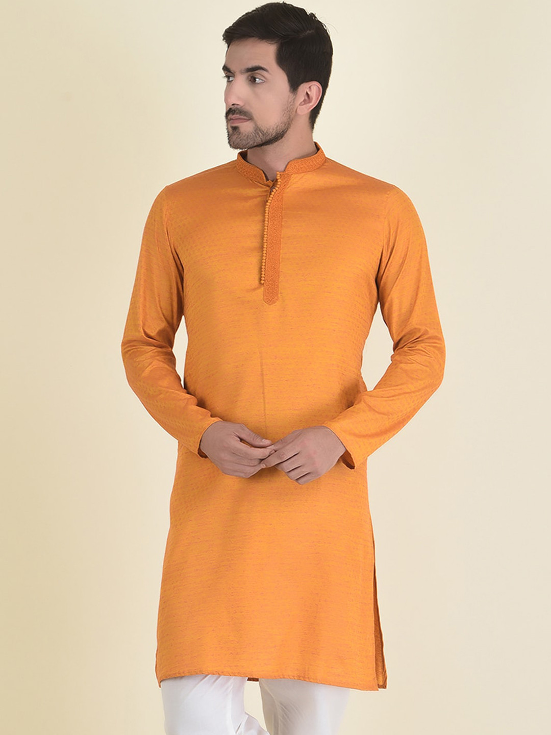 

DEYANN Men Orange & White Woven Design Kurta