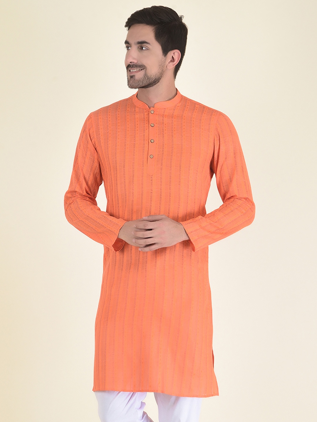 

DEYANN Men Orange Striped Jacquard Kurta