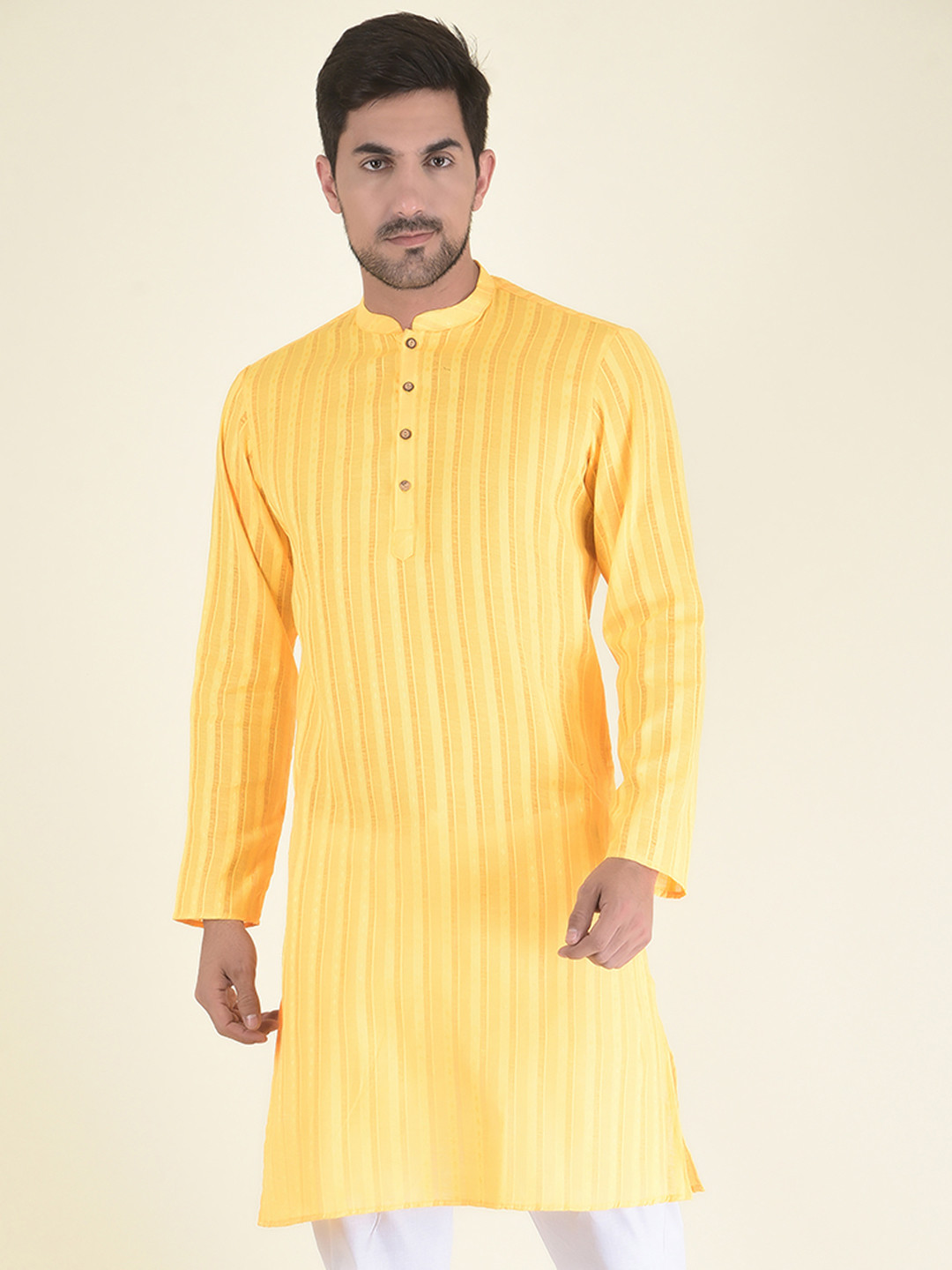 

DEYANN Men Yellow Striped Jacquard Kurta