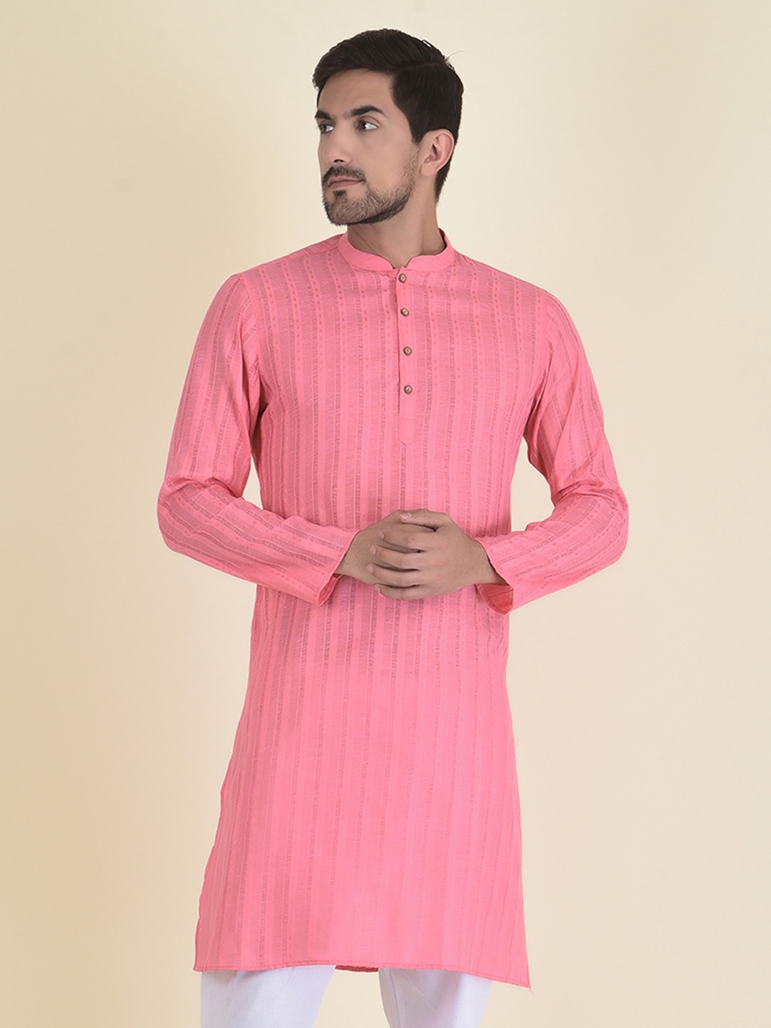 

DEYANN Men Coral Pink Striped Jacquard Kurta