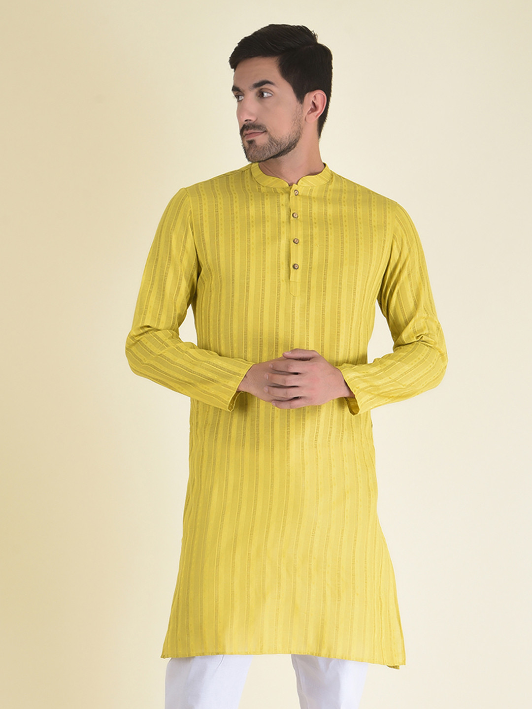 

DEYANN Men Lime Green Striped Jacquard Kurta