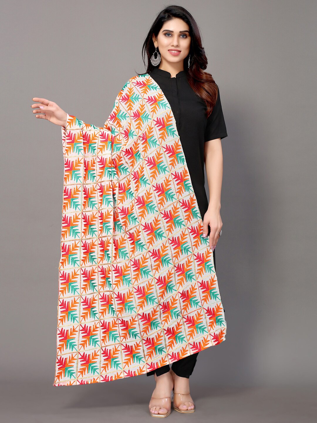 

Satrani White & Orange Ethnic Motifs Embroidered Dupatta