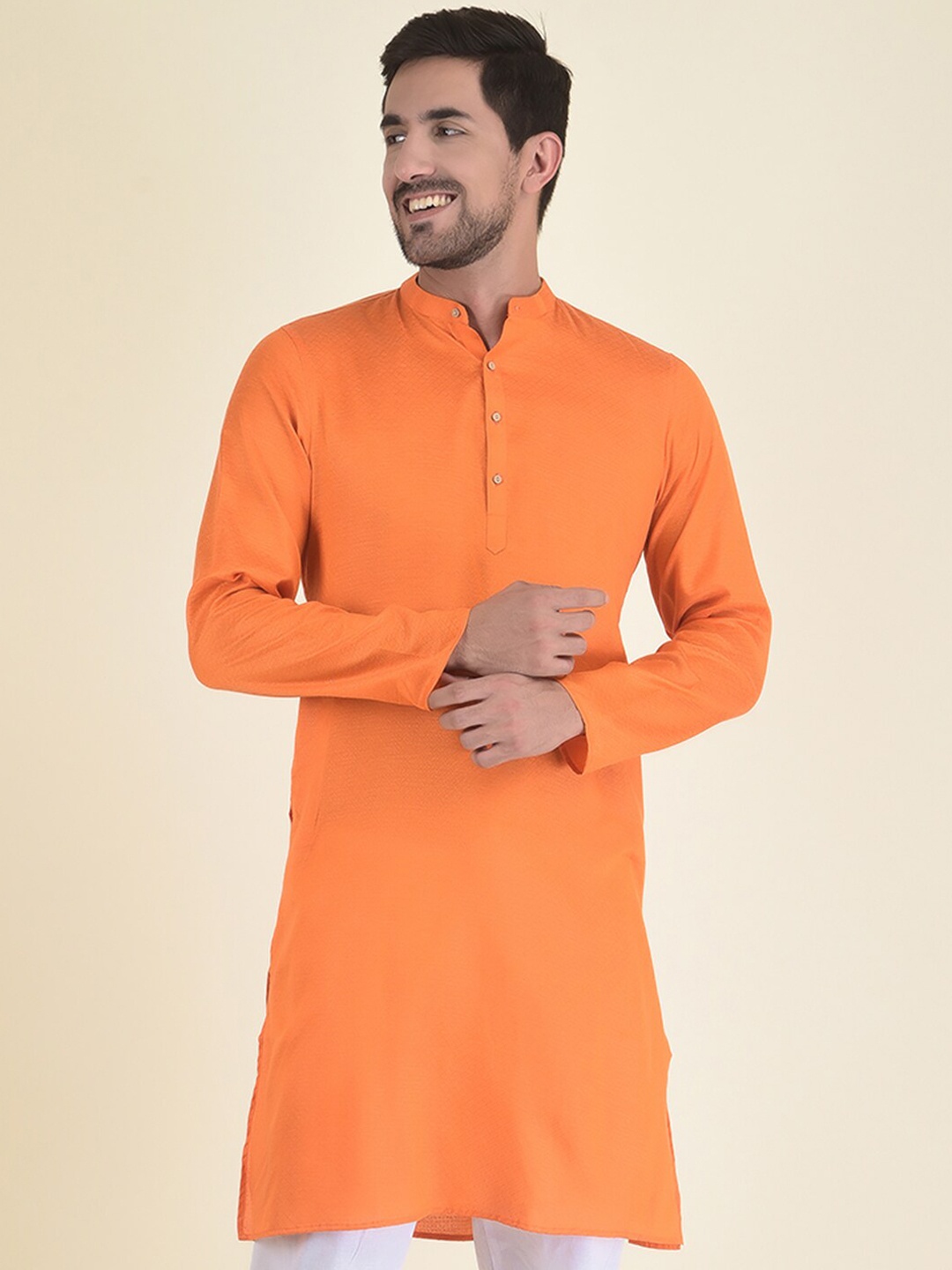 DEYANN Men Orange Jacquard Kurta