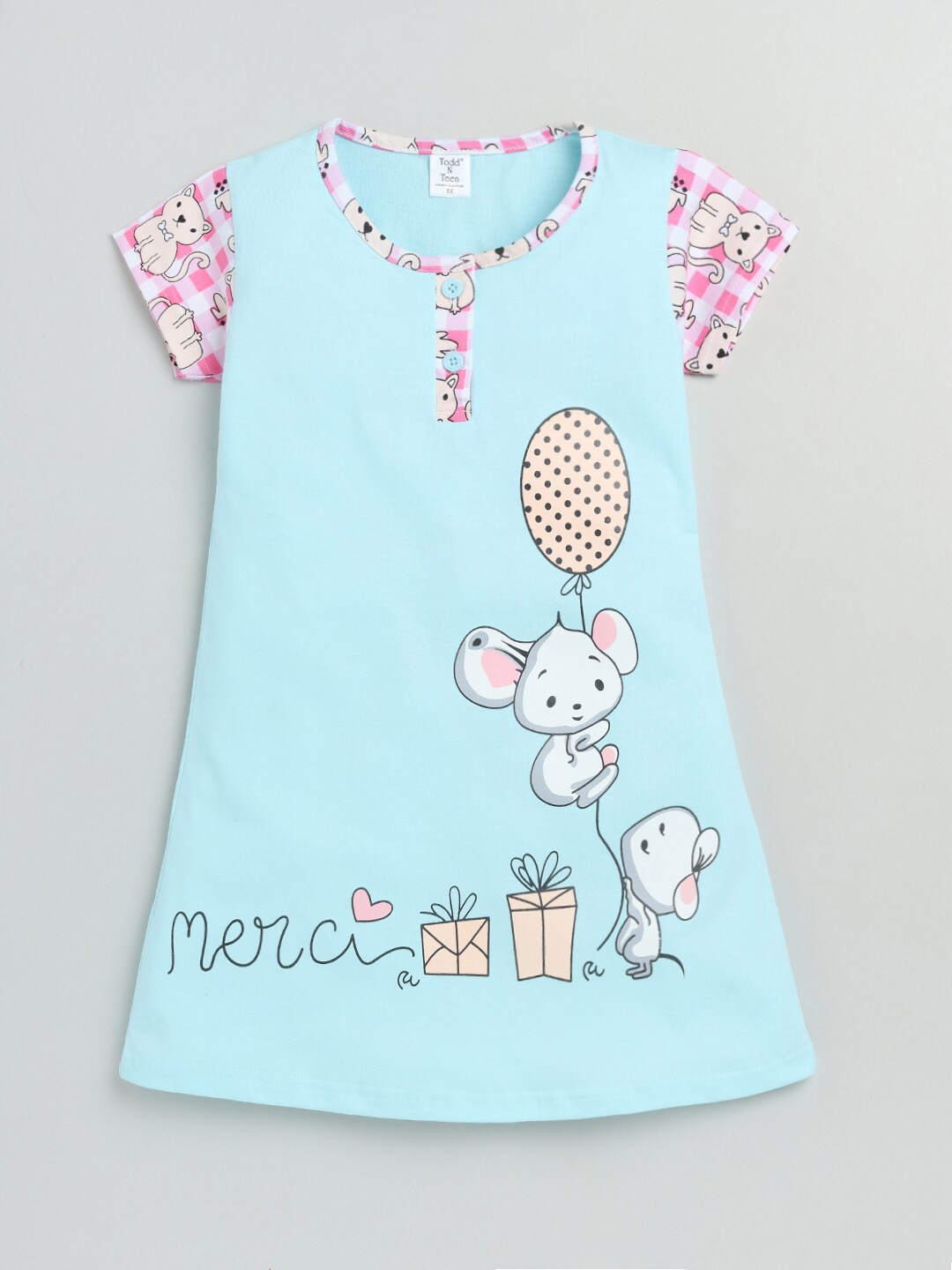 

Todd N Teen Girls Blue Printed Pure Cotton Nightdress