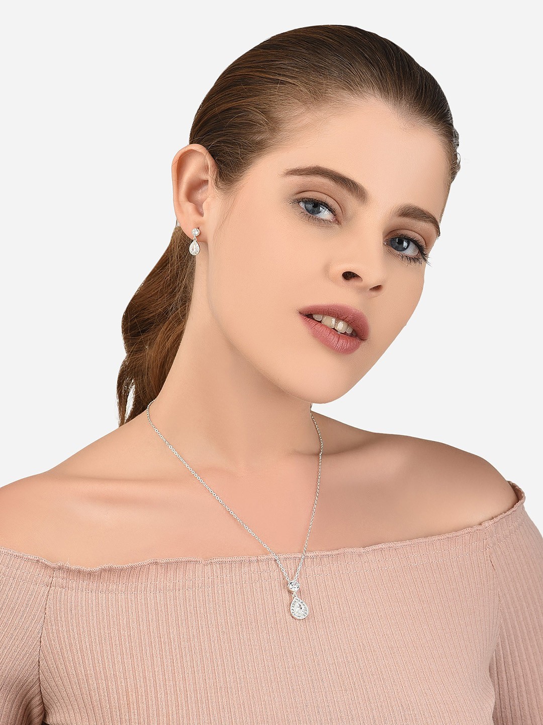 

Lilly & sparkle Silver-Plated White CZ Studded Jewellery Set