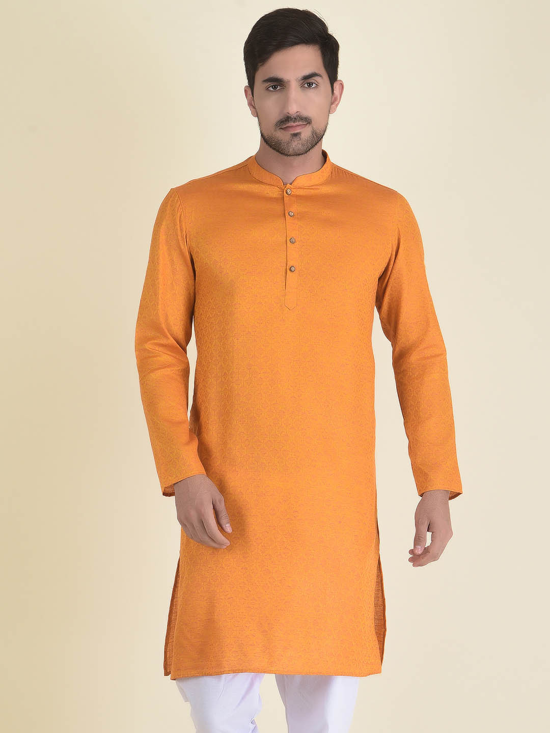 

DEYANN Men Yellow Thread Work Jacquard Kurta