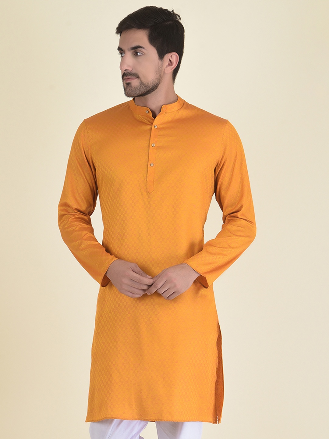 

DEYANN Men Yellow Jacquard Kurta