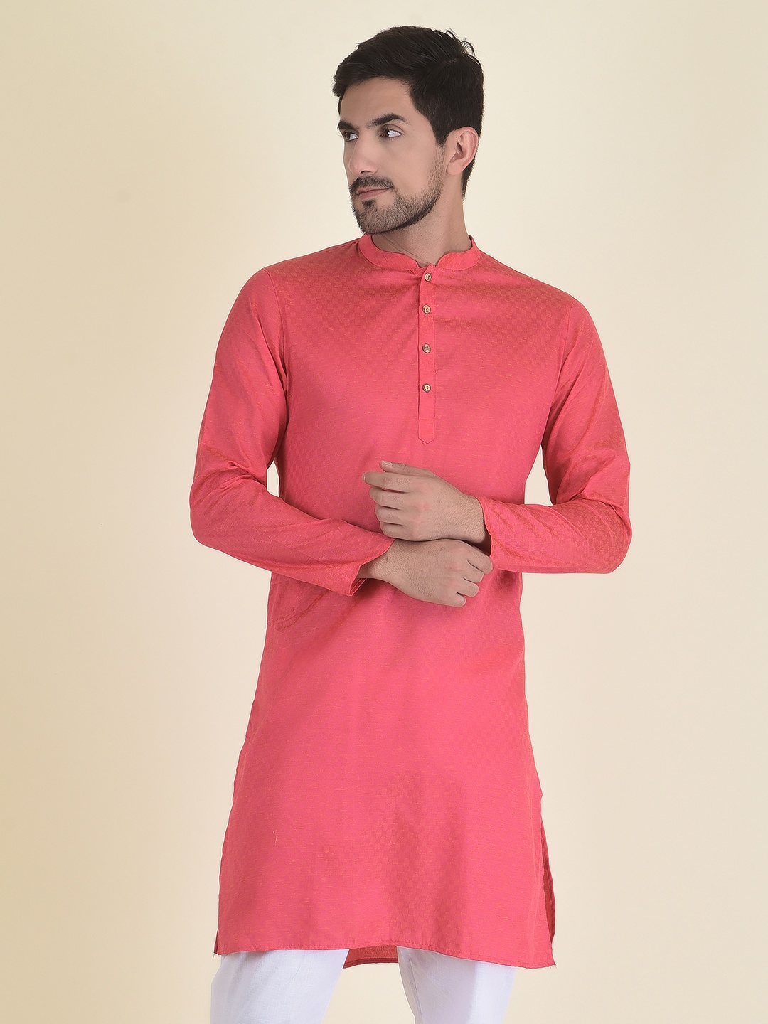 

DEYANN Men Pink Solid Jacquard Kurta