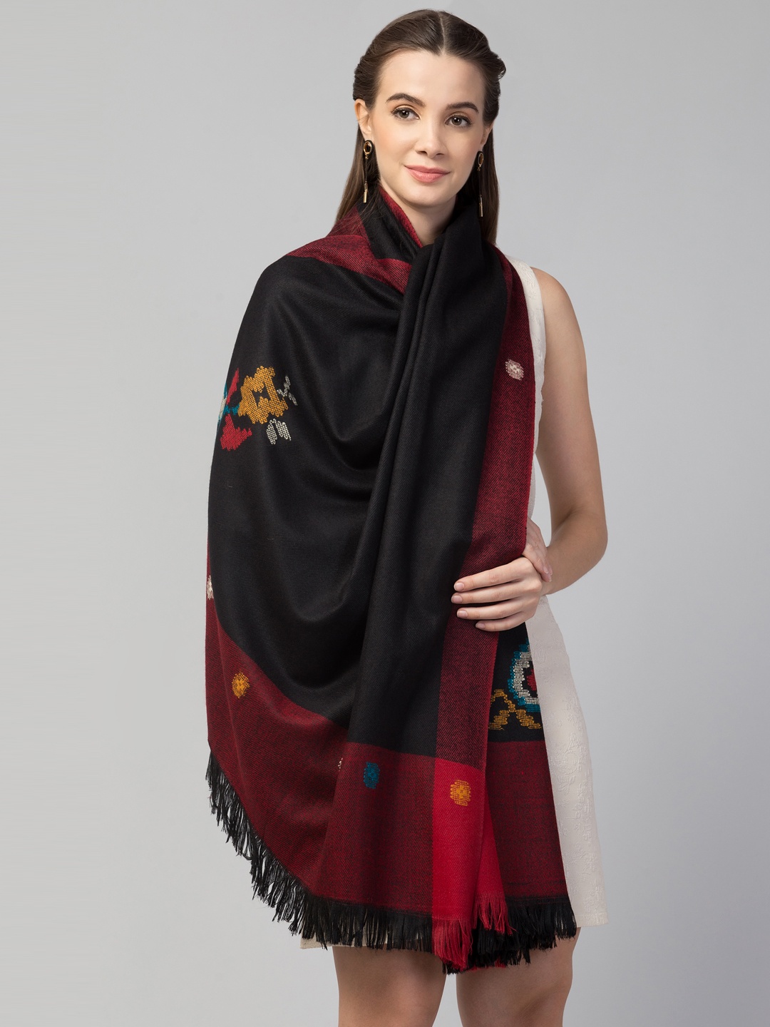

Tweedle Women Black & Maroon Woven Design Shawl