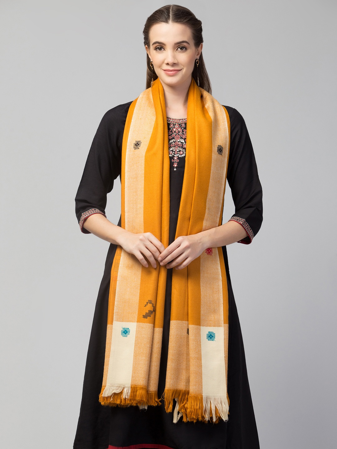

Tweedle Women Mustard Yellow Woven Design Woolen Shawl