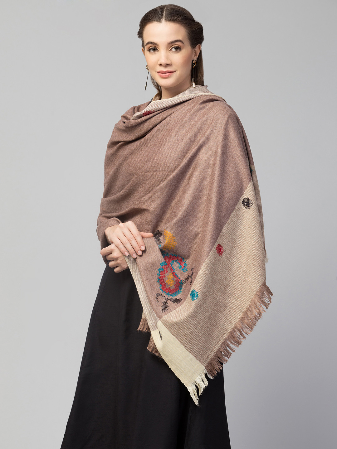 

Tweedle Women Beige Woven Design Woolen Handloom Shawl