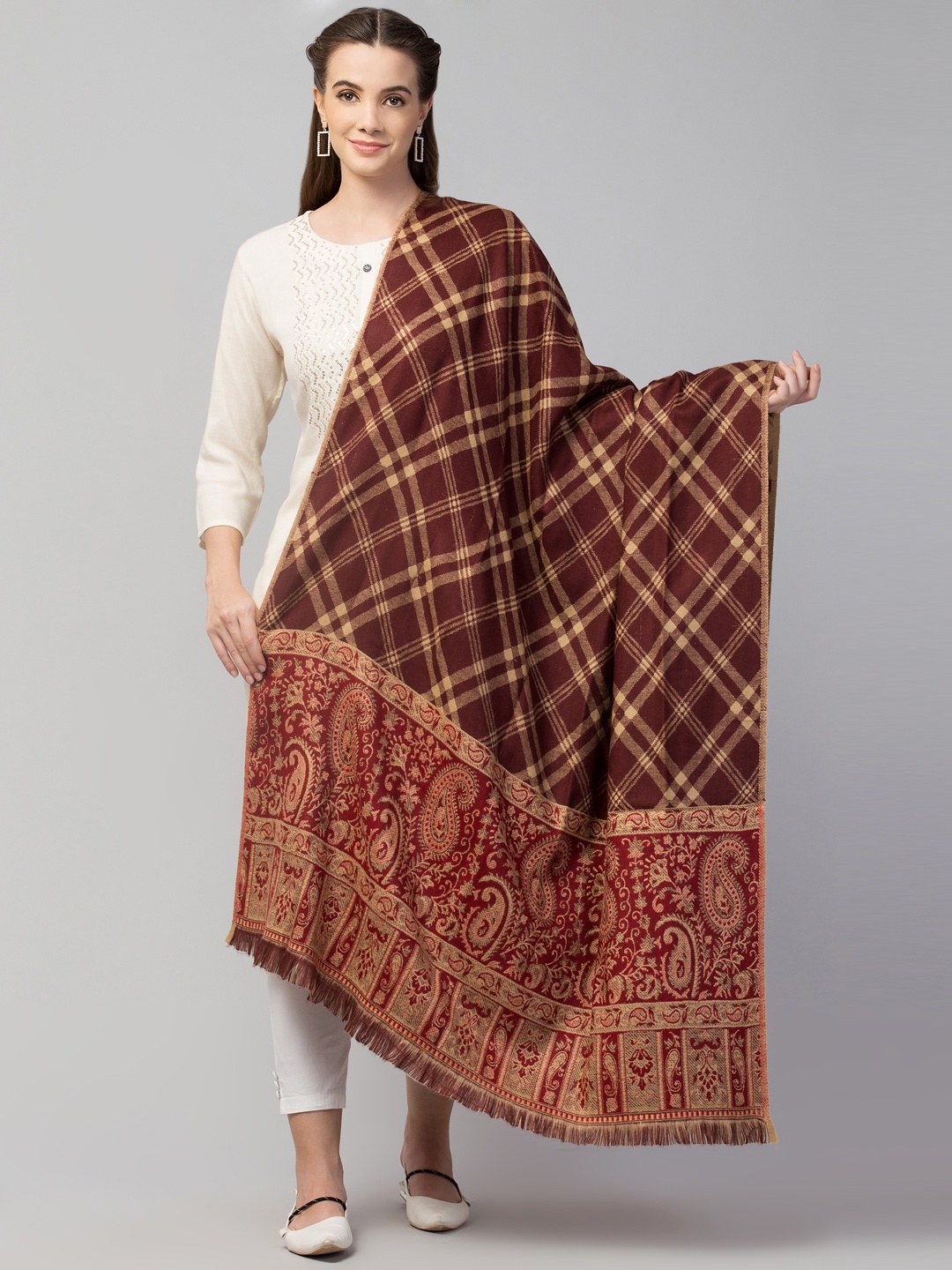 

Tweedle Women Brown Woven Woolen Jamawar Shawl With Frayed Hems