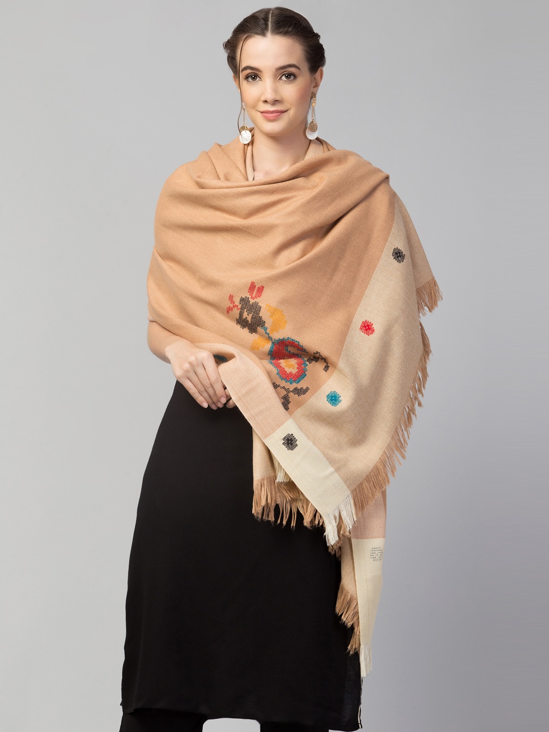 

Tweedle Women Cream color Woven Design Handloom Woolen Shawl, Camel brown