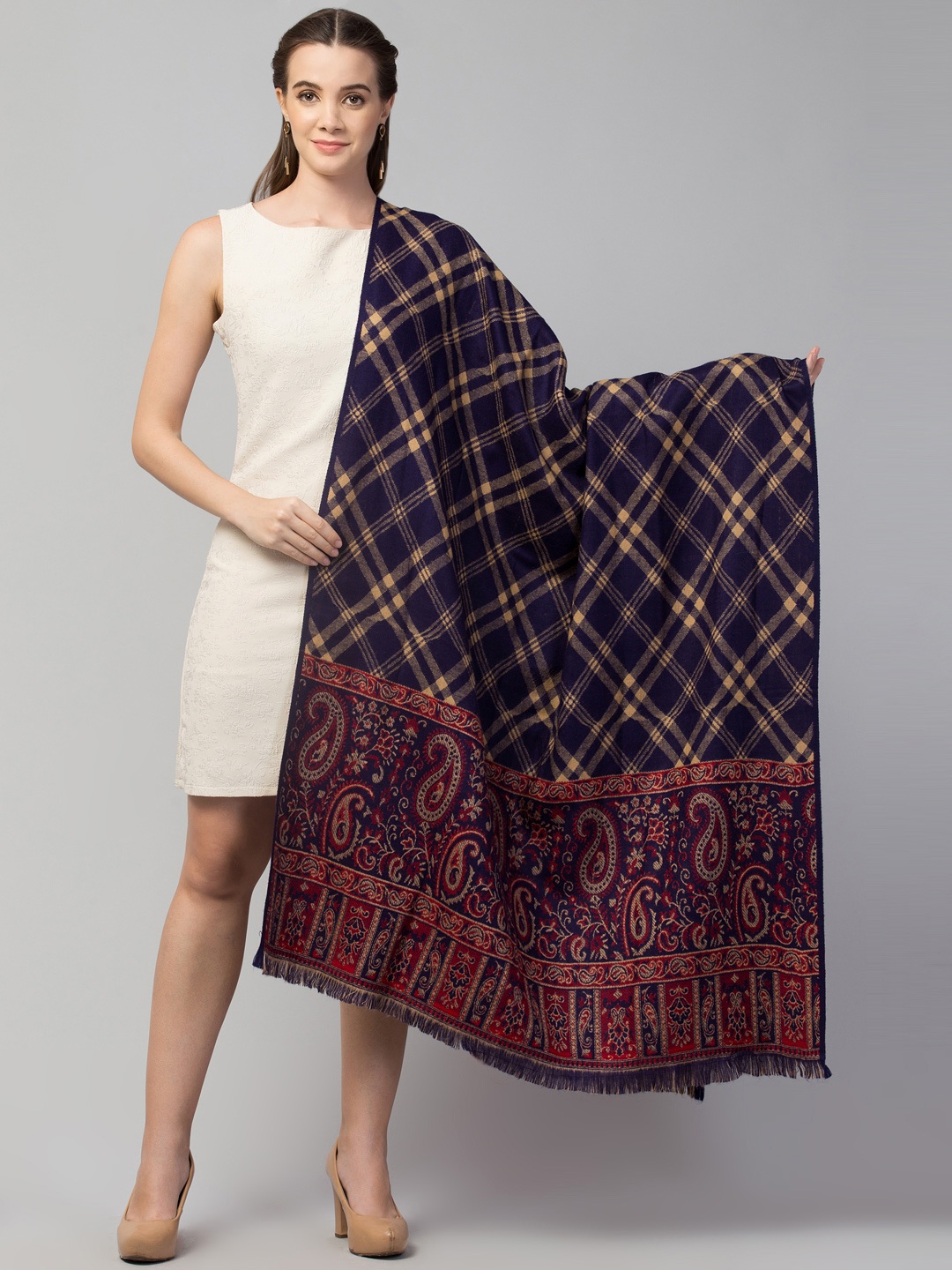 

Tweedle Women Blue & Red Woven Design Woolen Jamawar Shawl