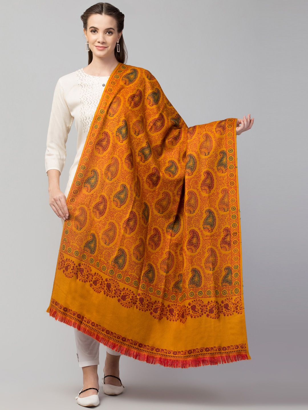 

Tweedle Women Mustard Woven Woolen Jamawar Shawl With Frayed Hems