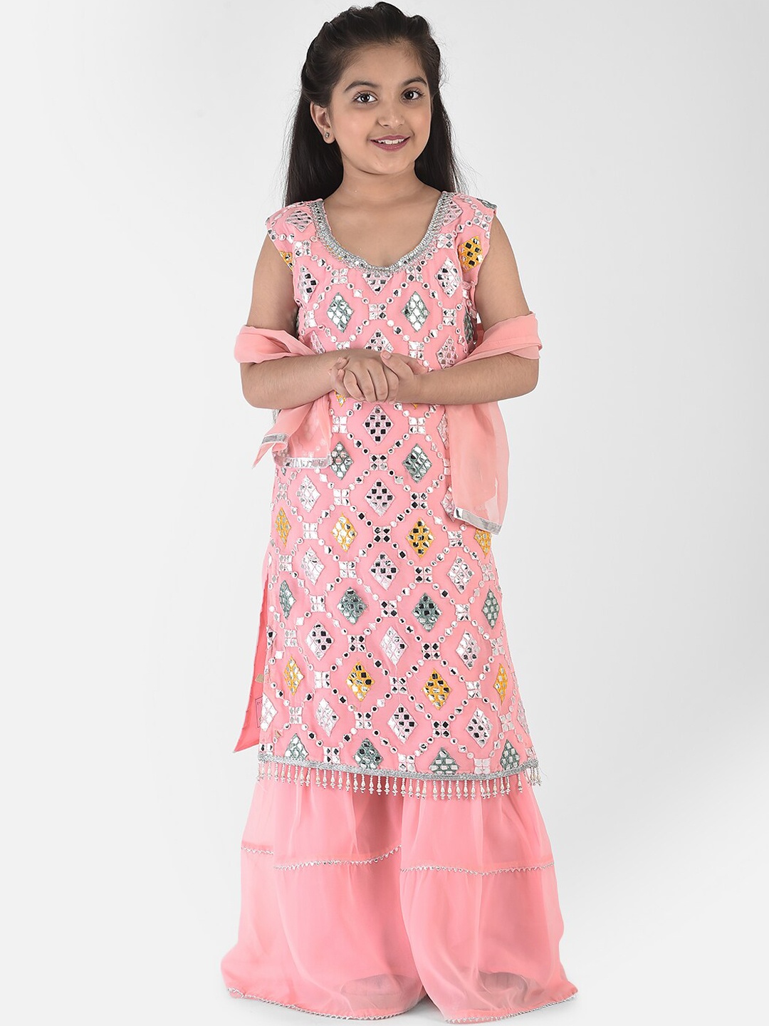

Elendra jeans Girls Pink Floral Printed High Slit Kurti with Palazzos
