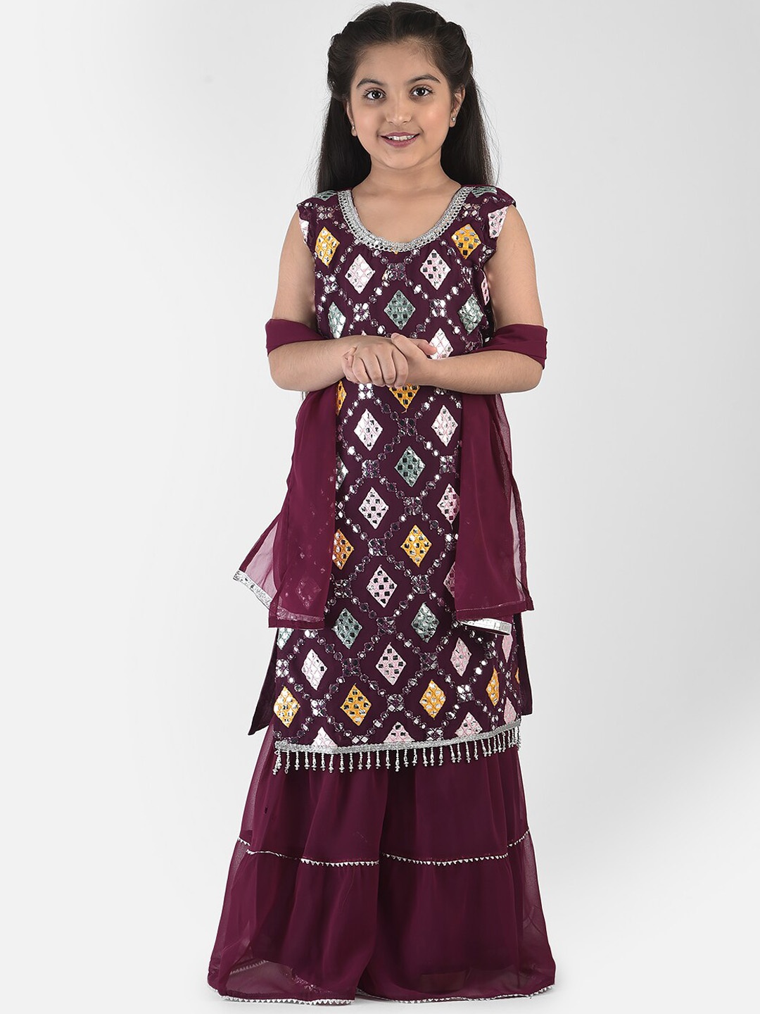 Elendra jeans Girls Lavender Printed Kurta with Sharara & With Dupatta