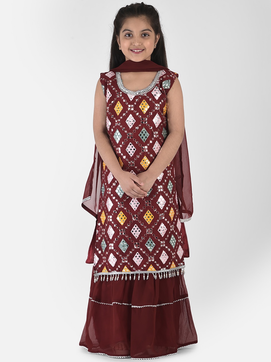 Elendra jeans Girls Maroon Printed Kurta with Sharara & With Dupatta