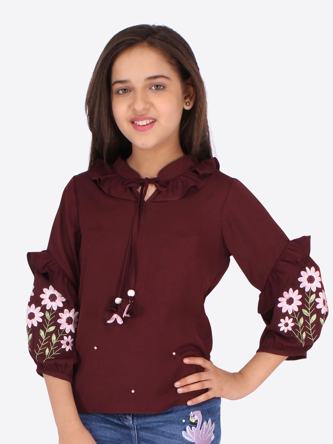 

CUTECUMBER Girls Maroon Floral Embroidered Tie-Up Neck Georgette Top