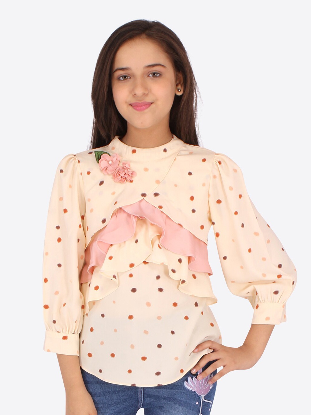 

CUTECUMBER Girls Beige & Pink Printed High Neck Top