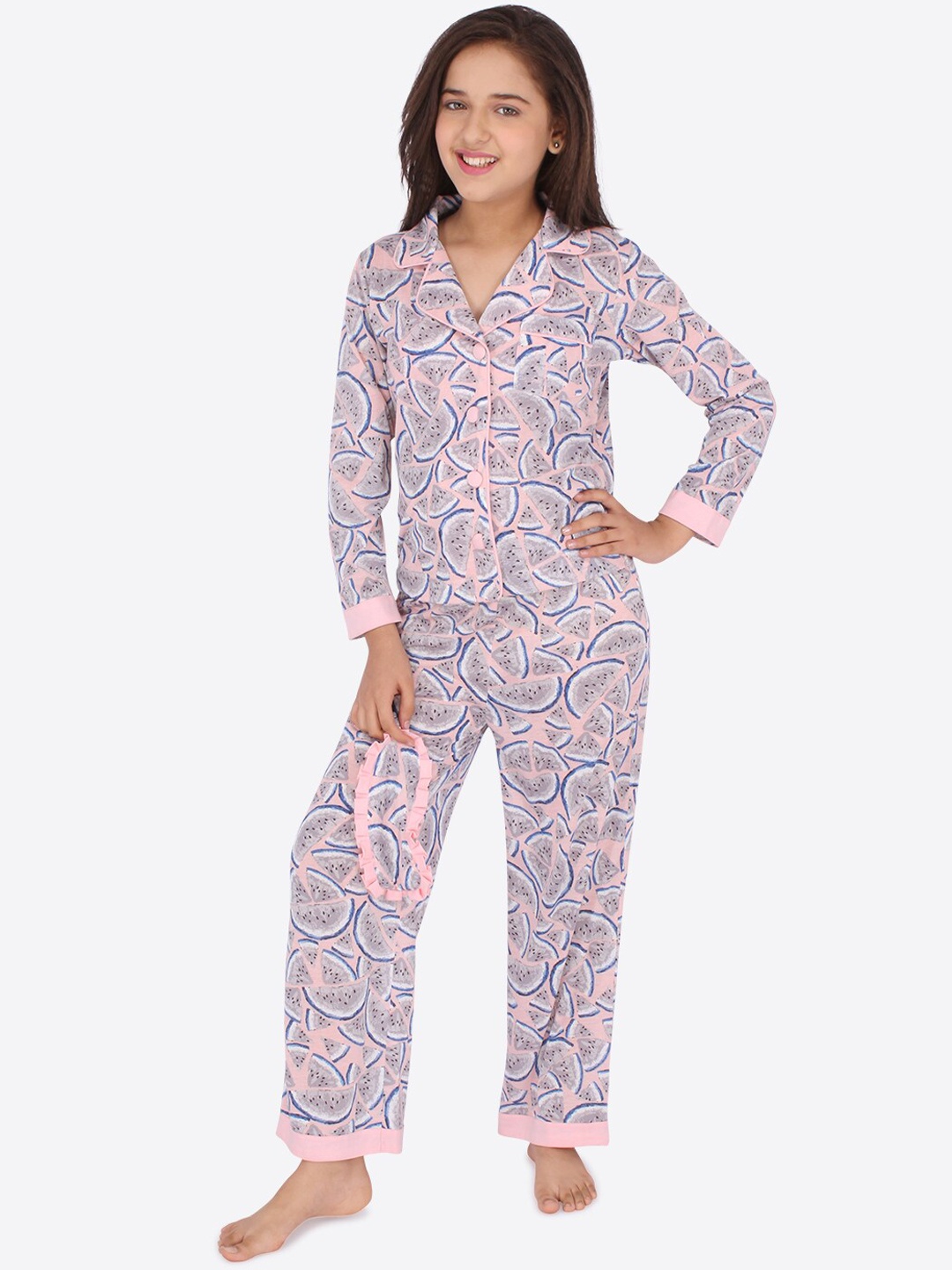 

CUTECUMBER Girls Pink & Blue Abstract Printed Night suit