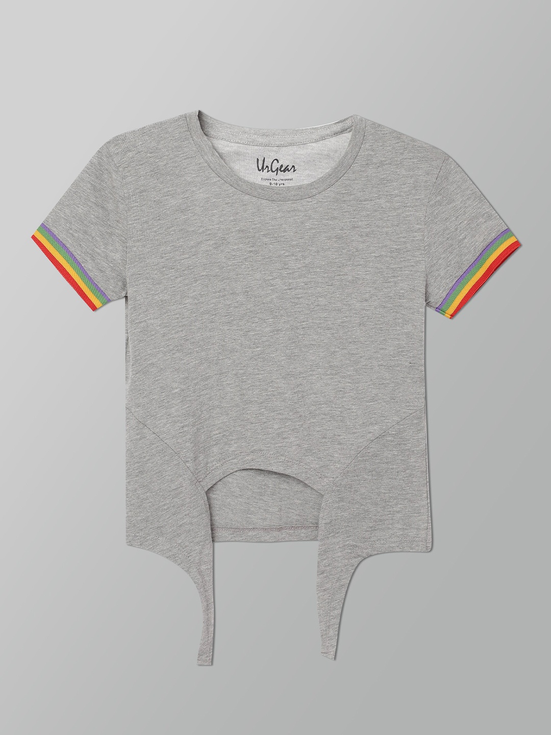 

UrGear Girls Grey Solid Pure Cotton Round Neck Hip Knotted T-shirt