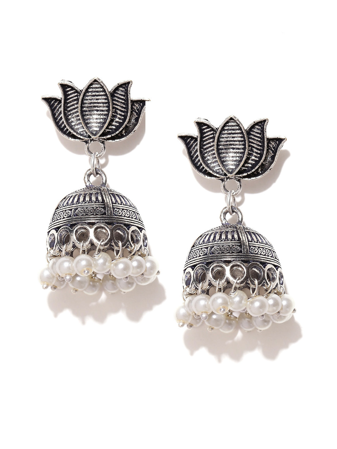 

Infuzze Oxidised Silver-Toned & Off-White Dome-Shaped Jhumkas