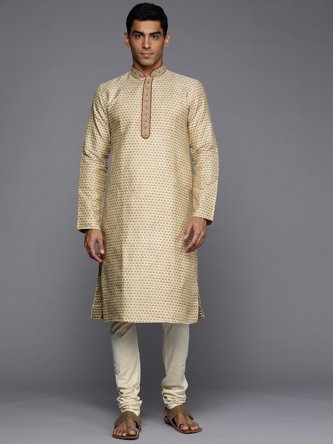 

Manu Men Beige Floral Embroidered Kurta with Churidar