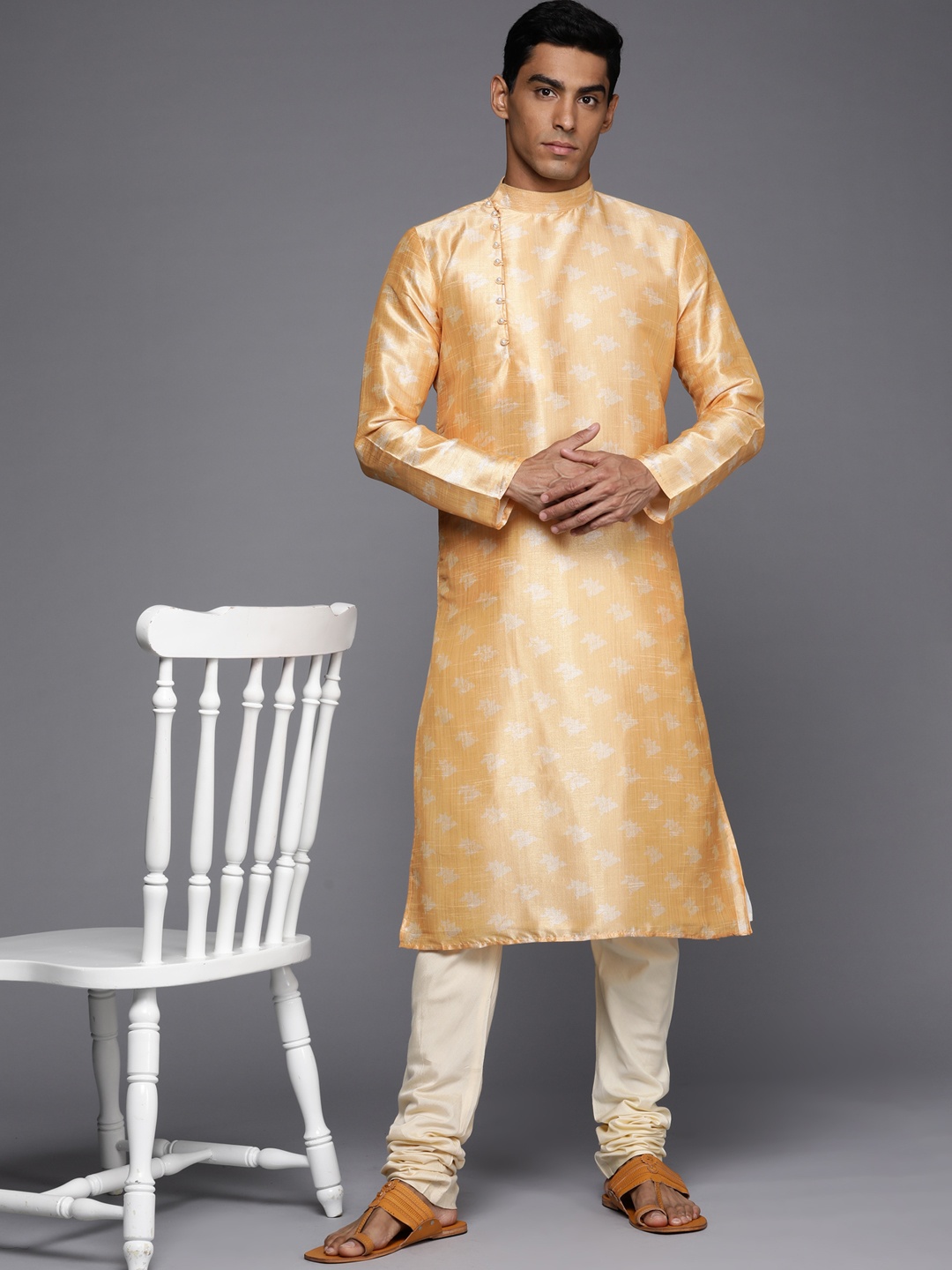 

Manu Men Mustard Yellow Ethnic Motifs Print Kurta with Churidar