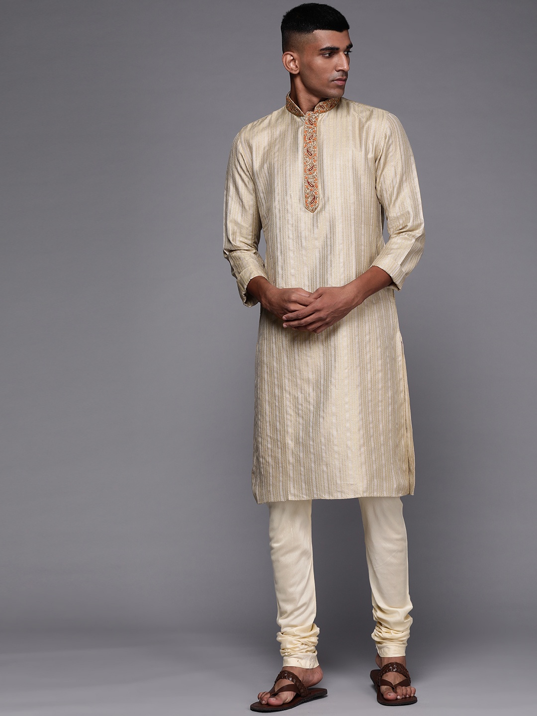 

Manu Men Beige Ethnic Motifs Embroidered Kurta with Pyjamas