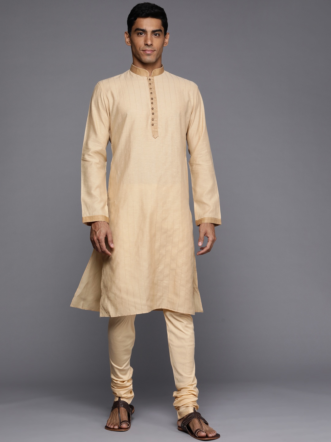 

Manu Men Beige Self-Striped Kurta with Churidar