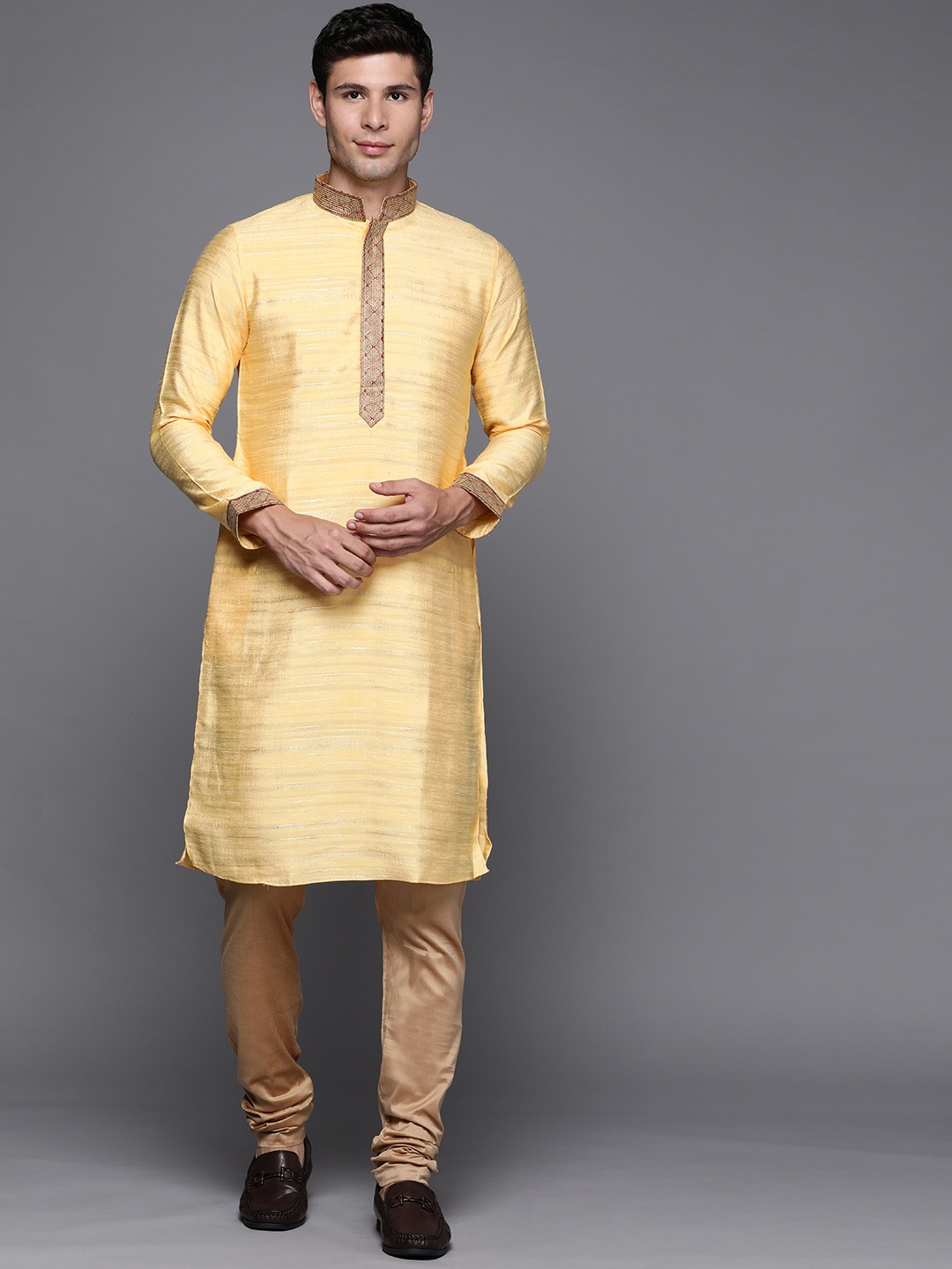 

Manu Men Yellow Thread Work Kurta with Pyjamas