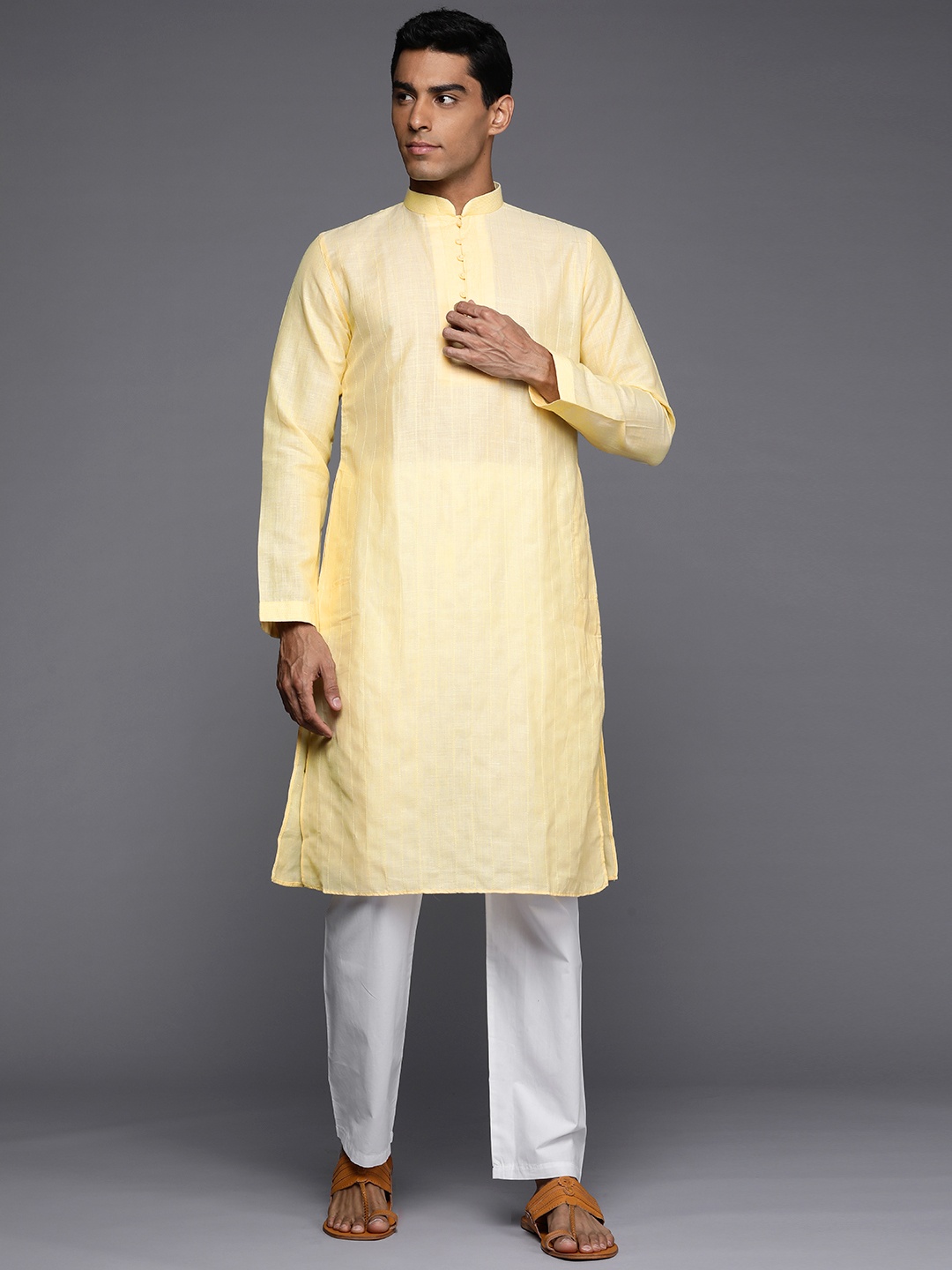 

Manu Men Yellow Self-Striped Kurta with Pyjamas