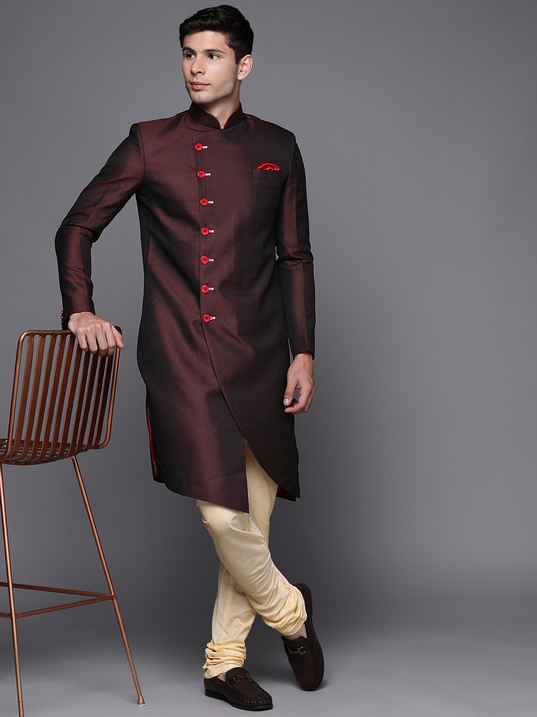 

Manu Men Burgundy & Beige Woven Design Sherwani Set, Maroon