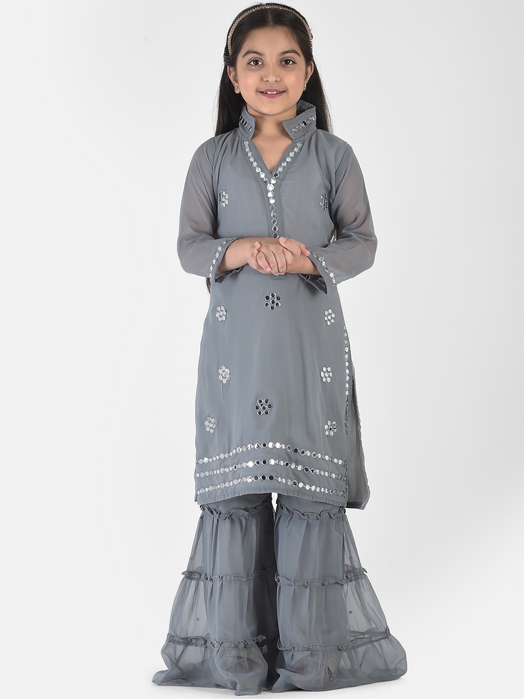 

Elendra jeans Girls Grey Mirror Work Embroidered Kurti With Sharara