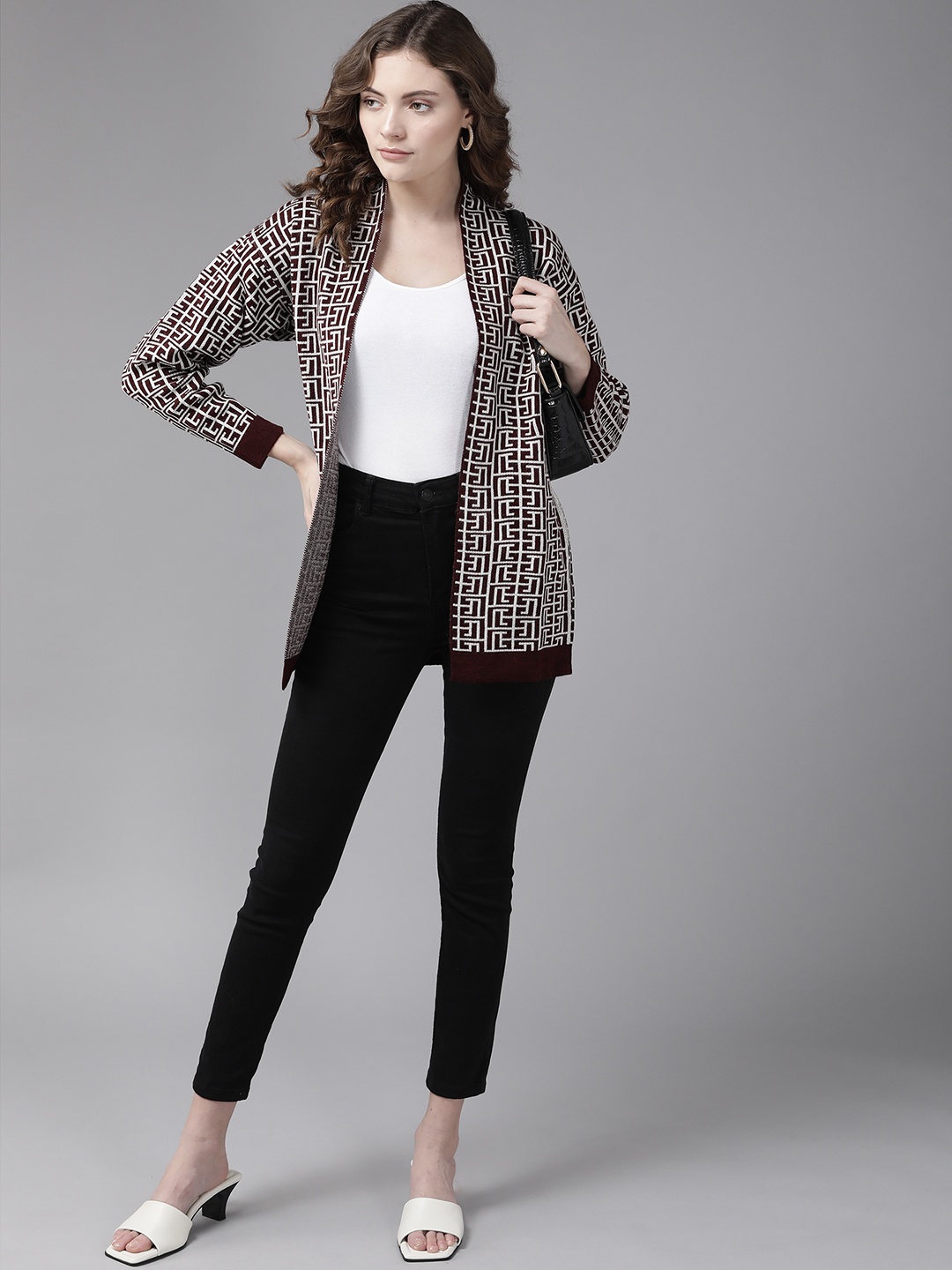 

Cayman Women Maroon & White Printed Fusion Shrug