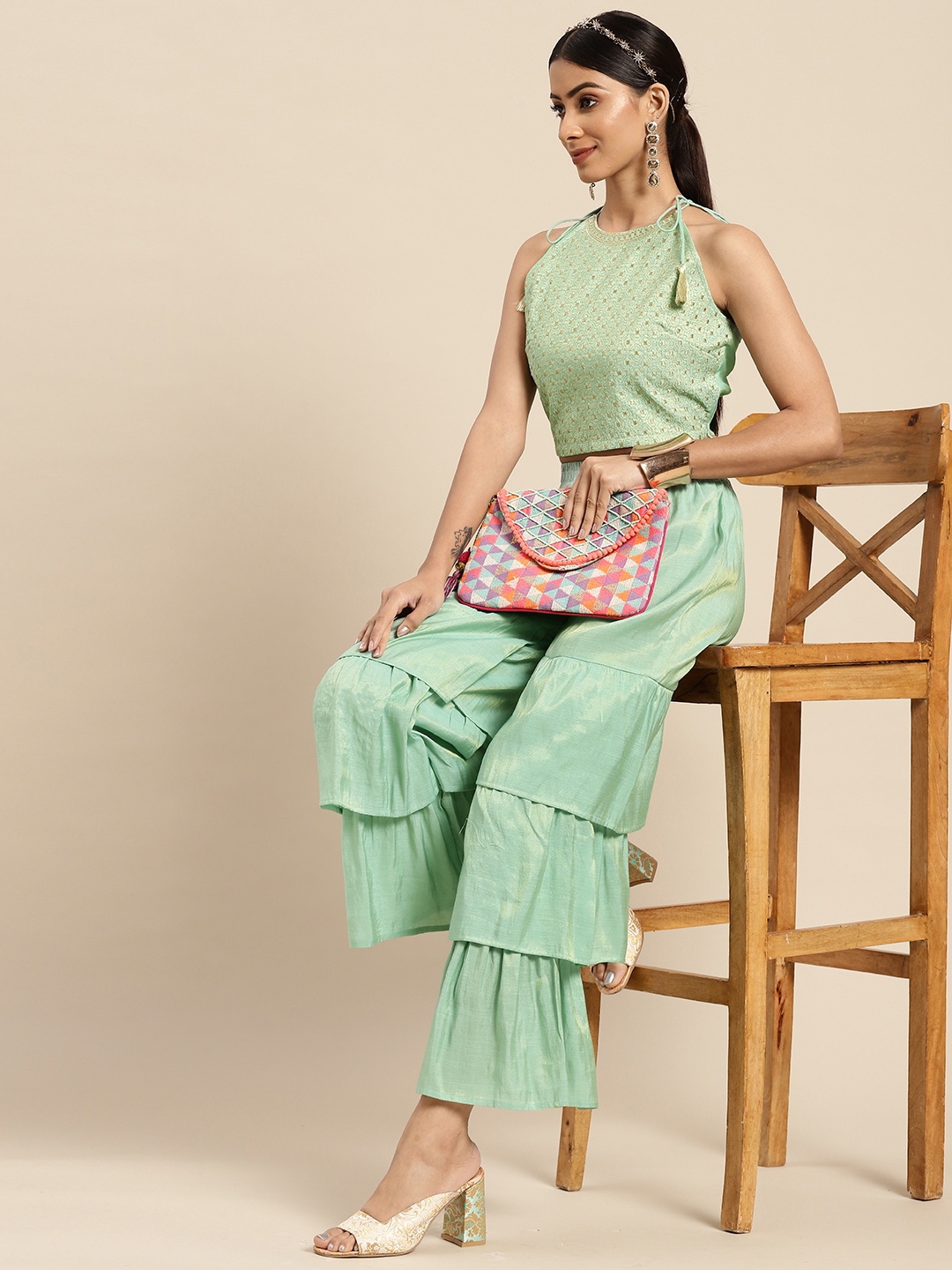 

Sangria Women Sea Green Embroidered Top With Tiered Palazzo